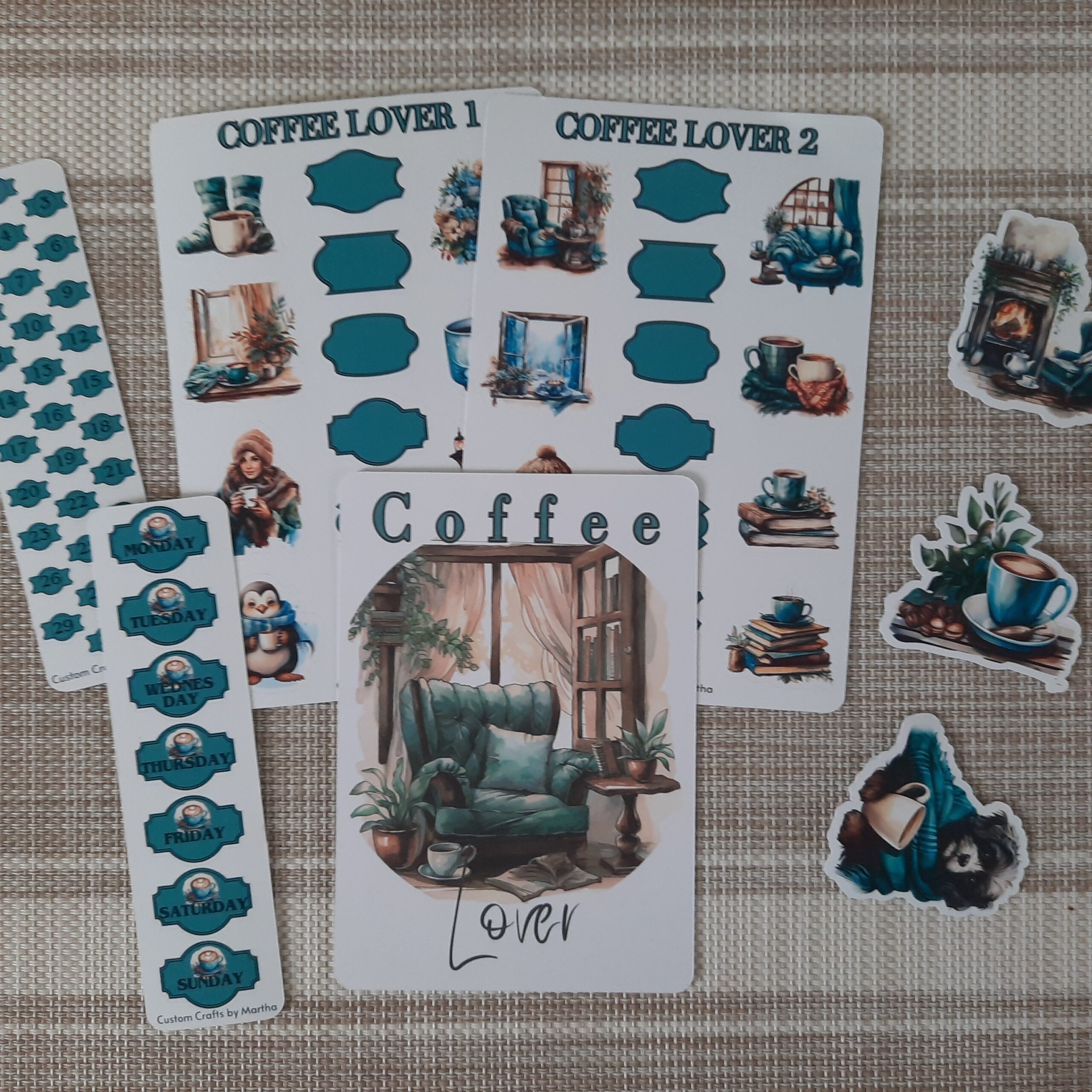 Coffee Lover Scrapbook Sticker Bundle Blue-green.