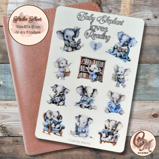 Stickersheet with baby elephant reading for scrapbooking