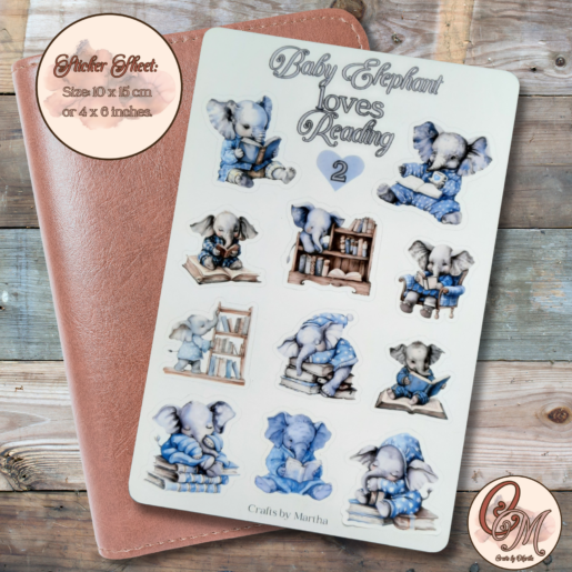 Baby elephant reading sticker sheet for journaling